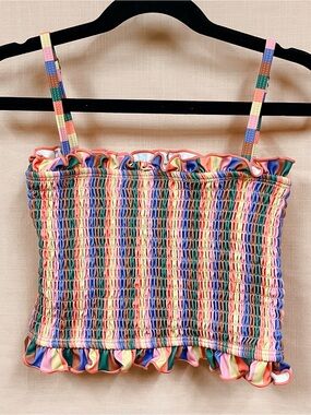 Kortni Jeane Multicolor Retro Stripe Smocked Mini Bandeau Swim Top - NWOT